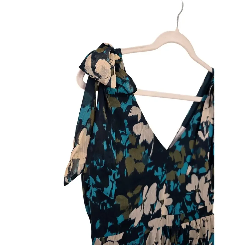 NWT LOFT Beige/Teal Floral Ruffle with Shoulder-Ties Dress - Picture 3 of 9